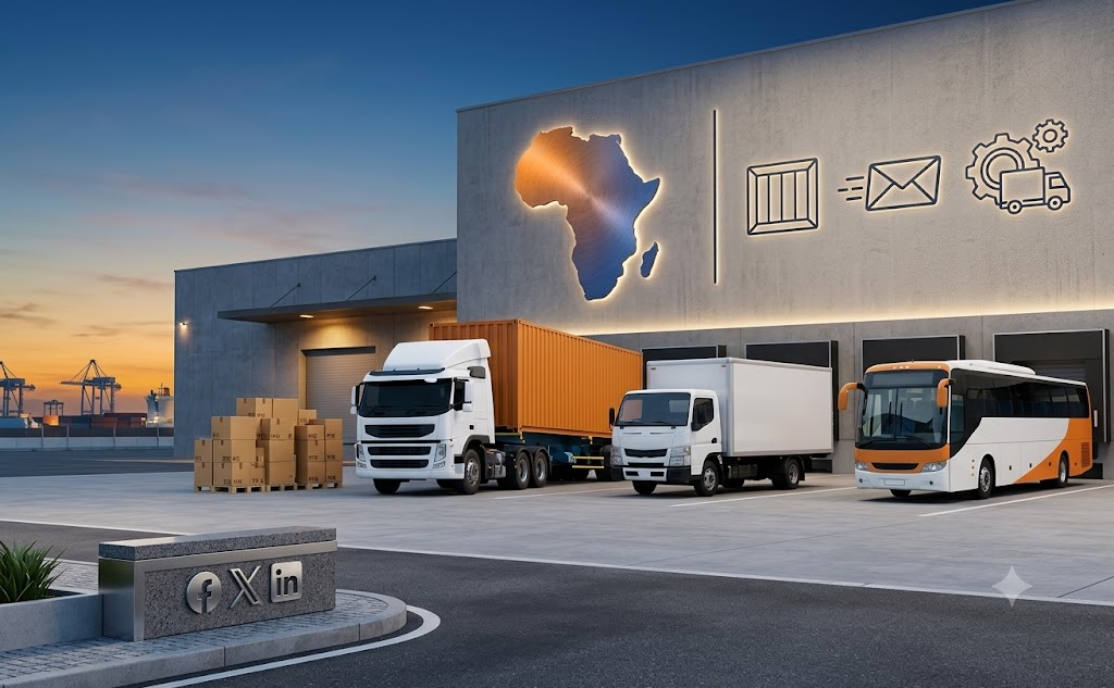 Kigali Cargo fleet — trucks and bus at the depot